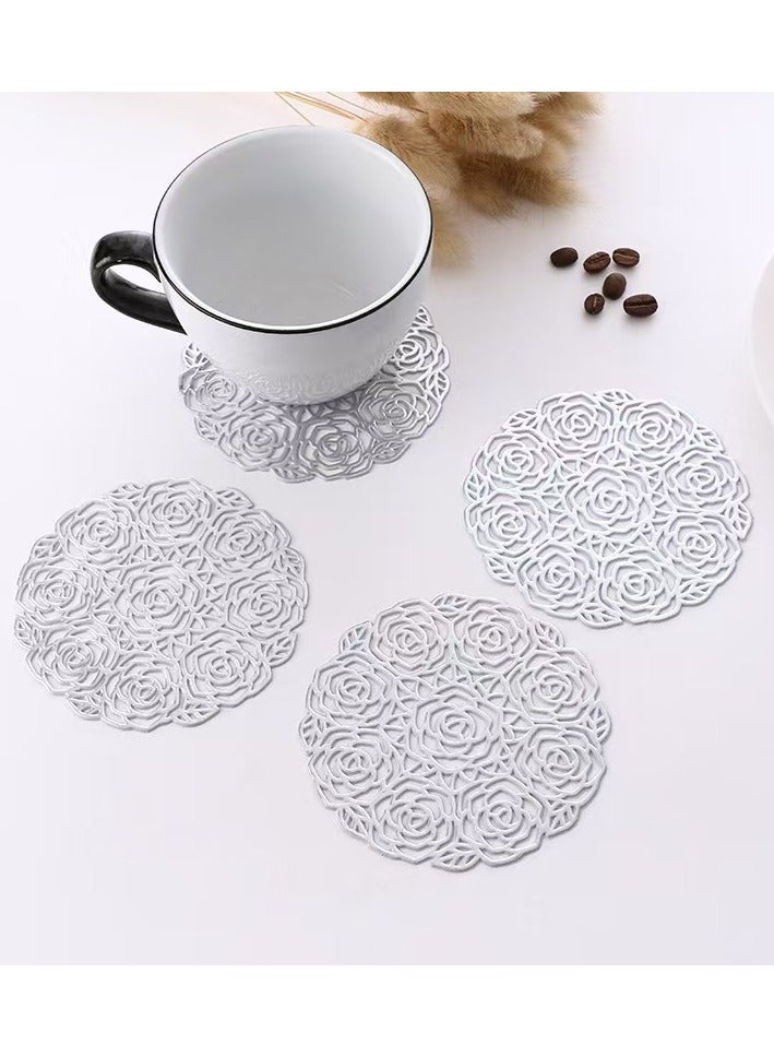 Elegant Cut-Out Rose Gold Coasters - Heat Resistant PVC  (6PCs) Premium Rose Golden Floral Coaster Set - 3D Embossed Rose Design for Home/Gifts (Silver) - Image 3