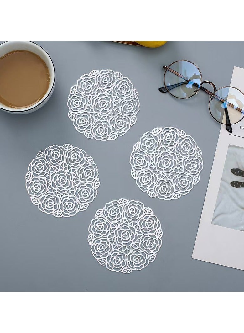 Elegant Cut-Out Rose Gold Coasters - Heat Resistant PVC  (6PCs) Premium Rose Golden Floral Coaster Set - 3D Embossed Rose Design for Home/Gifts (Silver) - Image 2
