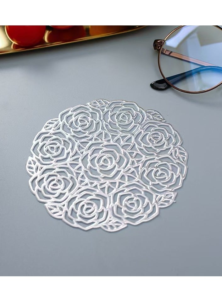 Elegant Cut-Out Rose Gold Coasters - Heat Resistant PVC  (6PCs) Premium Rose Golden Floral Coaster Set - 3D Embossed Rose Design for Home/Gifts (Silver) - Image 1