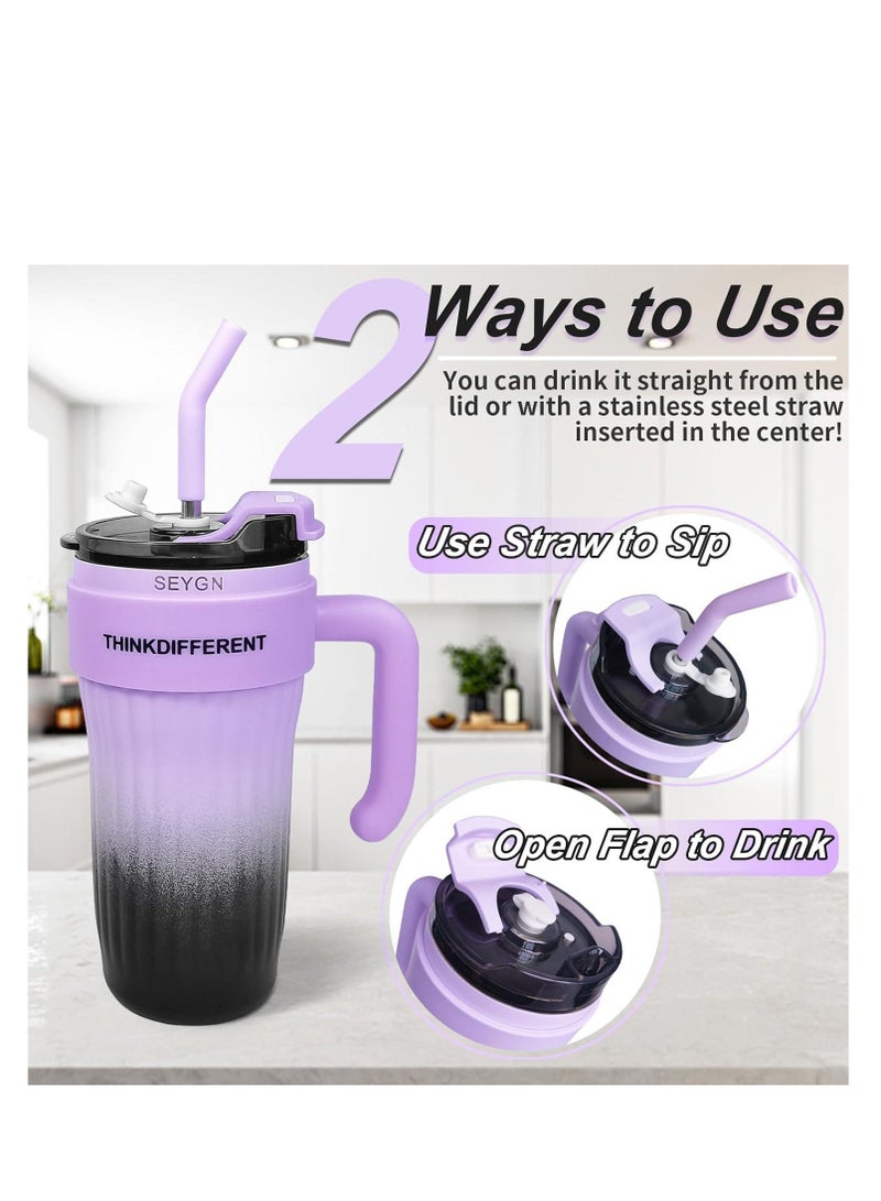Stainless Steel Tumbler Hot and Cold with Handle and Lid with Straw, Double Insulated Cup 100% Leak Proof Coffee Travel Mug Flask for Gym & Travelling Gradient Purple 860 ML - Image 2