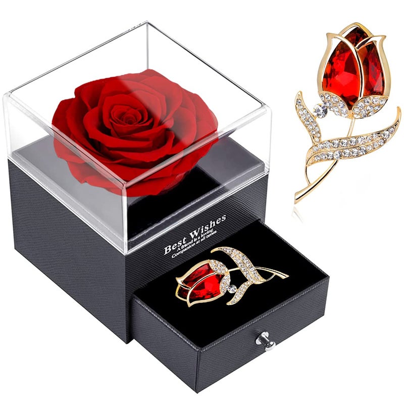 SWEETIME Preserved Red Rose Gift Box Enchanted Real Rose with Ruby Rose brooch Eternal Rose Flower in Jewelry Box Handmade RoseForever Red Rose Gift for her On Christmas Mothers Day Anniversary 