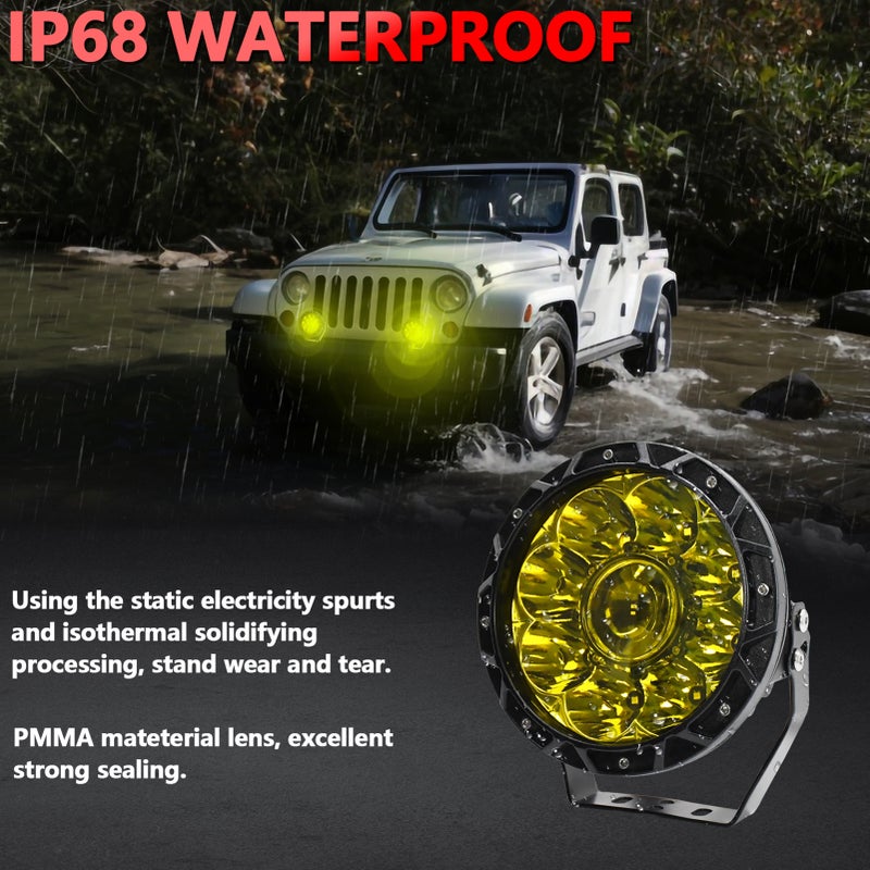 مصباح عمل LED 6000W 200W 7 بوصة دائري لسيارة مصابيح قيادة مائي IP68 مصابيح نقطية لشاحنات، دراجات نارية، سيارات ركاب شبه عالية الأرضية (SUV)، مركبات آكلات أرضية رباعية الدوران (ATV)، قوارب مصباح أصفر - Image 5