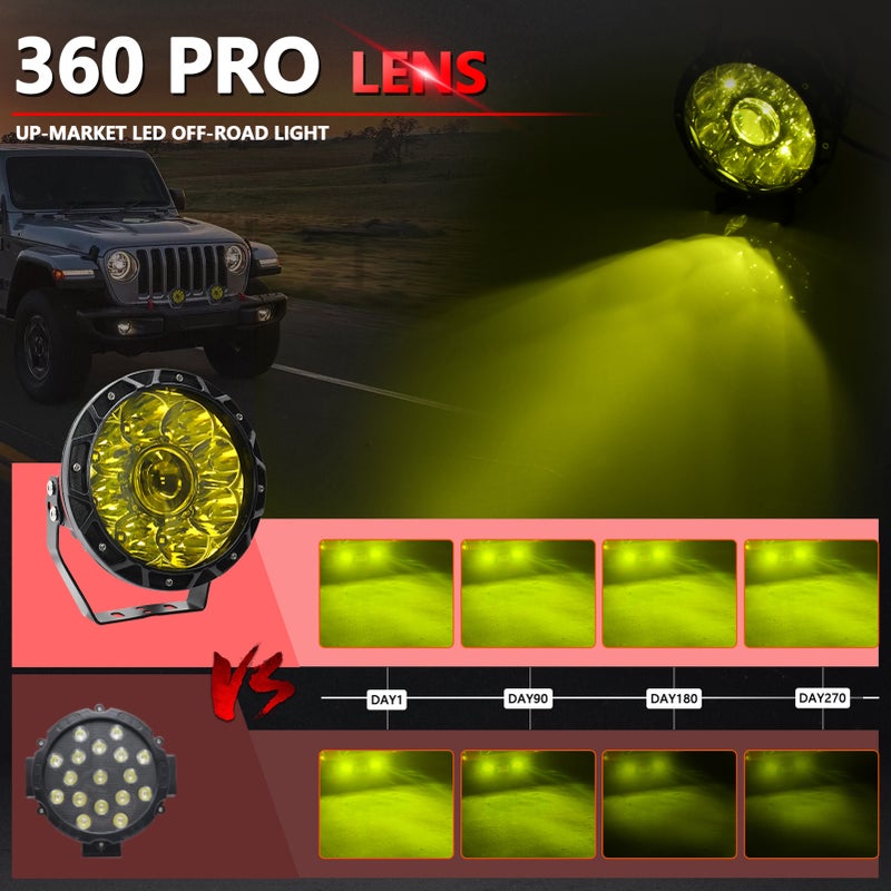 مصباح عمل LED 6000W 200W 7 بوصة دائري لسيارة مصابيح قيادة مائي IP68 مصابيح نقطية لشاحنات، دراجات نارية، سيارات ركاب شبه عالية الأرضية (SUV)، مركبات آكلات أرضية رباعية الدوران (ATV)، قوارب مصباح أصفر - Image 3