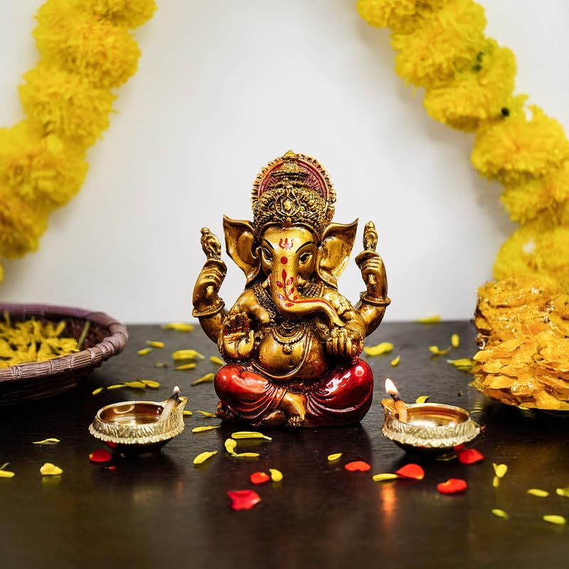 Ekhasa Aura Series Antique Gold Painted Ganesha Idol 5 inch Marble Dust Ganesh Murti for Pooja Room Home Decor Office Desk Resin Vinayagar Statue for Diwali Puja Vinayaka Idol for Gifting - Image 4