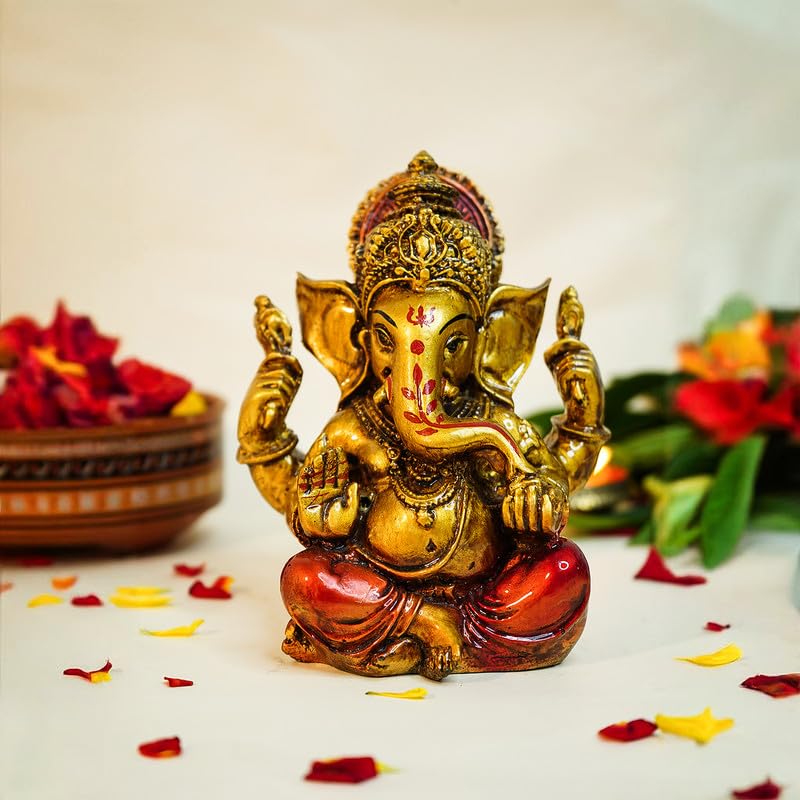 Ekhasa Aura Series Antique Gold Painted Ganesha Idol 5 inch Marble Dust Ganesh Murti for Pooja Room Home Decor Office Desk Resin Vinayagar Statue for Diwali Puja Vinayaka Idol for Gifting - Image 1