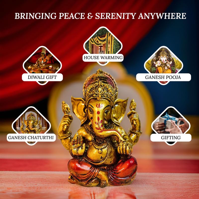 Ekhasa Aura Series Antique Gold Painted Ganesha Idol 5 inch Marble Dust Ganesh Murti for Pooja Room Home Decor Office Desk Resin Vinayagar Statue for Diwali Puja Vinayaka Idol for Gifting - Image 5