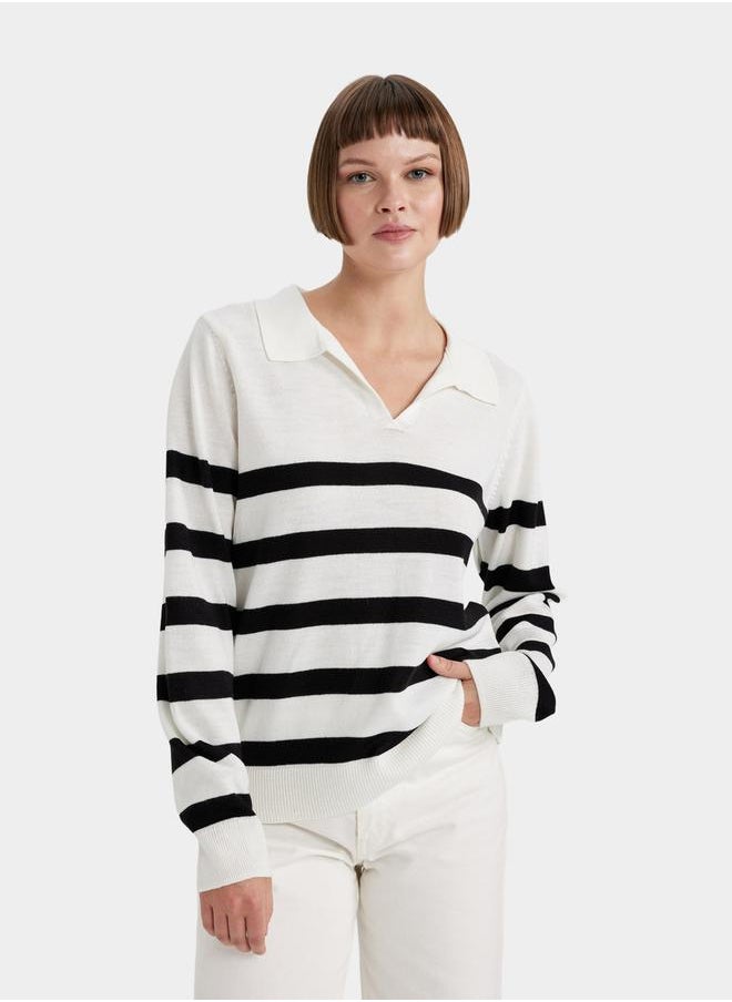 DeFacto Striped Regular Fit Polo Neck Sweater by Styli  - Image 1