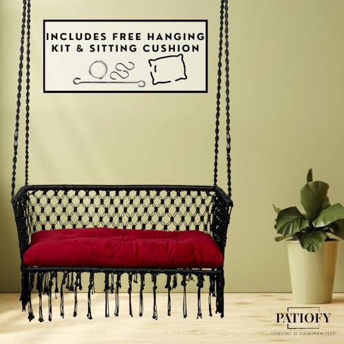 Patiofy Double Seater Swing Chair with Arm Rest/Hanging Hammock Swing Chair for 2 People/Jhula for Adults/ 2 Seater Swing for Balcony/Hanging Kit & Cushion Included- Black - Image 5