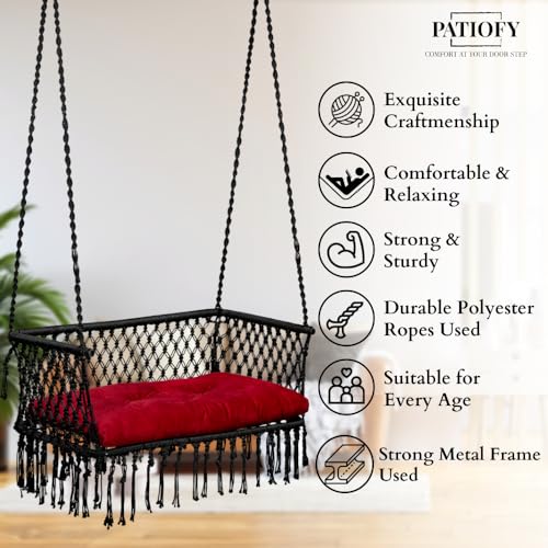 Patiofy Double Seater Swing Chair with Arm Rest/Hanging Hammock Swing Chair for 2 People/Jhula for Adults/ 2 Seater Swing for Balcony/Hanging Kit & Cushion Included- Black - Image 3