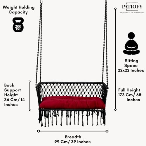 Patiofy Double Seater Swing Chair with Arm Rest/Hanging Hammock Swing Chair for 2 People/Jhula for Adults/ 2 Seater Swing for Balcony/Hanging Kit & Cushion Included- Black - Image 4