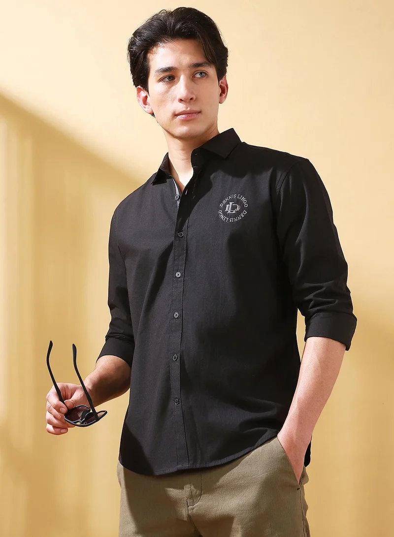Dennis Lingo Men's Black Cotton Solid Button Down Regular Fit Shirt