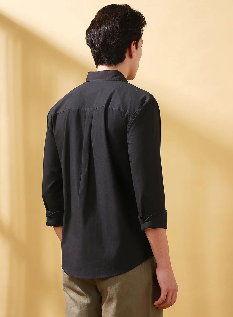 Dennis Lingo Men's Black Cotton Solid Button Down Regular Fit Shirt