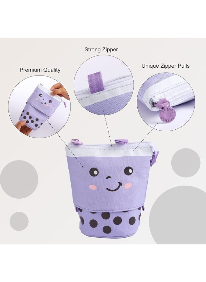 FineMade Polyester Standing Pencil Case Cute Pencil Pouch For Girls Boys Korean Boba Pop Up Stationery Makeup Cosmetic Organizer Box Pen Pencil For Boys Kids Women School Students Purple - Image 3