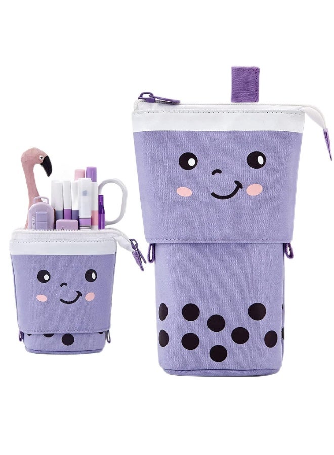 FineMade Polyester Standing Pencil Case Cute Pencil Pouch For Girls Boys Korean Boba Pop Up Stationery Makeup Cosmetic Organizer Box Pen Pencil For Boys Kids Women School Students Purple - Image 1