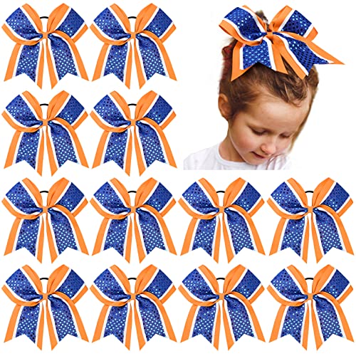 Aileam 12 PCS 8" Large Glitter Cheer Bows Blue Orange Girl Hair Bows Sparkly Cheerleading Softball Team Bow Hair Accessories for cheerleaders football Competition Sports - Image 1