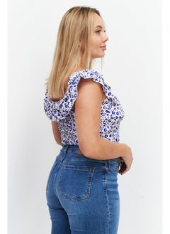 GLAMOROUS Women Square Neck Ruffle Sleeve Allover Print Crop Top, Blue Combo  - Image 5