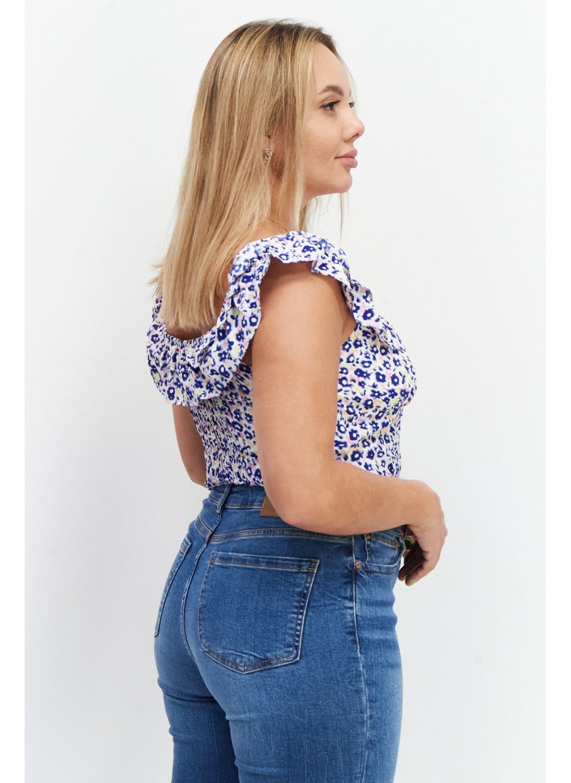 GLAMOROUS Women Square Neck Ruffle Sleeve Allover Print Crop Top, Blue Combo - Image 5