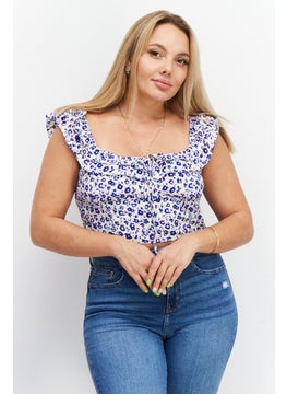 GLAMOROUS Women Square Neck Ruffle Sleeve Allover Print Crop Top, Blue Combo  - Image 1
