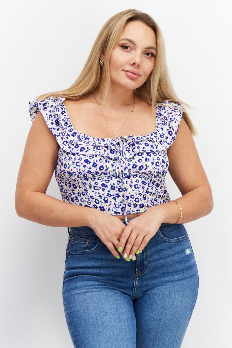 GLAMOROUS Women Square Neck Ruffle Sleeve Allover Print Crop Top, Blue Combo - Image 1