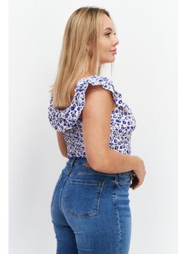 GLAMOROUS Women Square Neck Ruffle Sleeve Allover Print Crop Top, Blue Combo  - Image 3