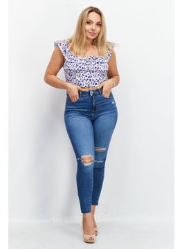 GLAMOROUS Women Square Neck Ruffle Sleeve Allover Print Crop Top, Blue Combo  - Image 4