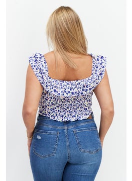 GLAMOROUS Women Square Neck Ruffle Sleeve Allover Print Crop Top, Blue Combo  - Image 2