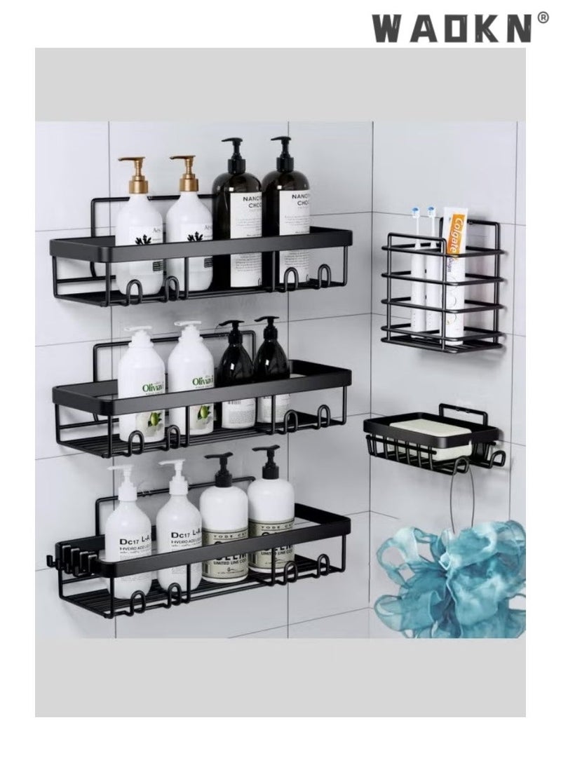 دبليو أيه أو كي أن 5-حزمة رف الحمام المنظم للحمام, لا حفر الصدأ ذاتية اللصق رف دش لتخزين الحمام, رف تخزين الحمام المرحاض رف تخزين المطبخ الصابون أسود - Image 1