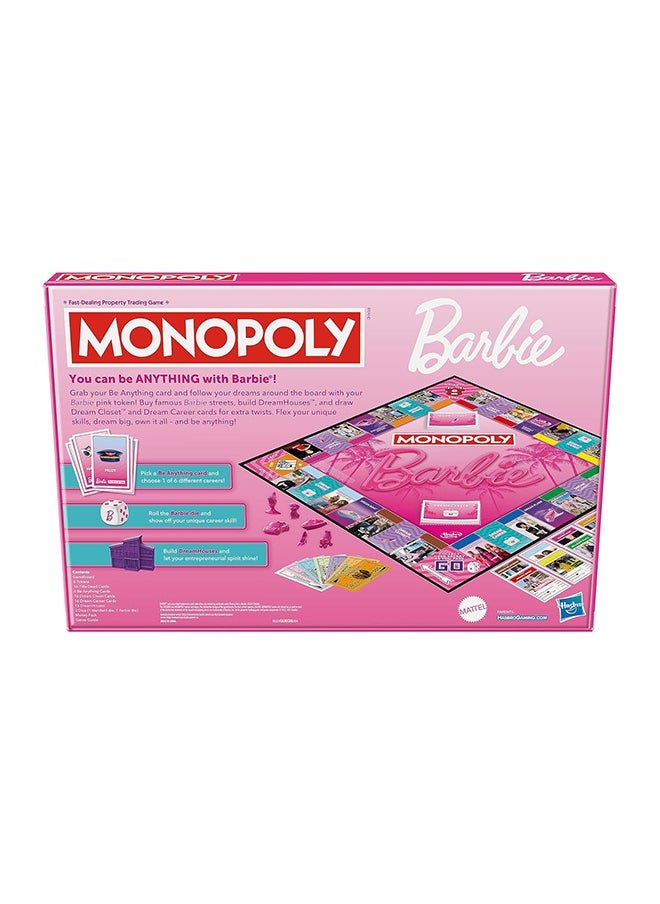 Monopoly - لعبة مونوبيلي باربي – امتلك عالم أحلامك، وابنِ إمبراطورية باربي الخاصة بك، وحقق أهداف الموضة والمهنة – لعبة عائلية ممتعة للأطفال والبالغين مع 6 رموز باربي زنك وردية، للأعمار 8 سنوات فما فوق - Image 1