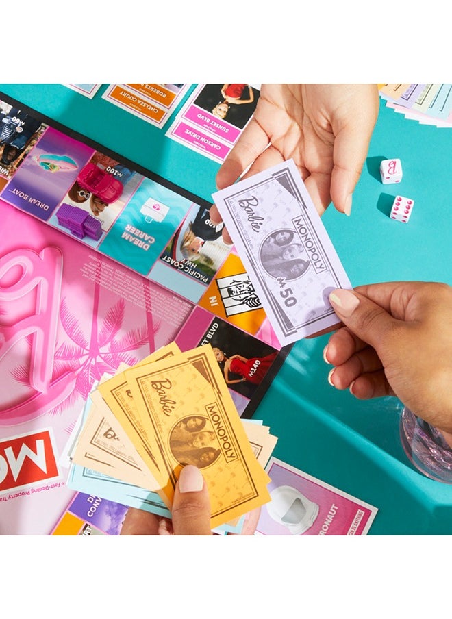 Monopoly - لعبة مونوبيلي باربي – امتلك عالم أحلامك، وابنِ إمبراطورية باربي الخاصة بك، وحقق أهداف الموضة والمهنة – لعبة عائلية ممتعة للأطفال والبالغين مع 6 رموز باربي زنك وردية، للأعمار 8 سنوات فما فوق - Image 1