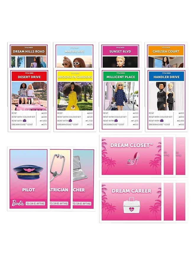 Monopoly Monopoly Barbie Edition Board Game – Own Your Dream World, Build Your Barbie Empire, and Live Out Fashion & Career Goals – Fun Family Game for Kids & Adults with 6 Barbie-Themed Pink Zinc Tokens, Ages 8+