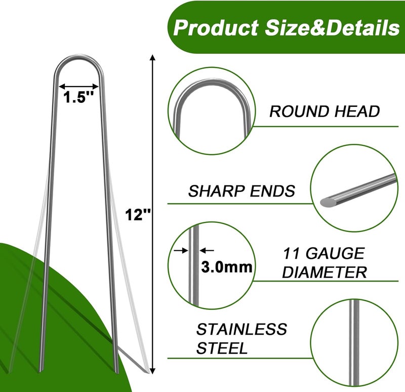 AAGUT 100x Metal Garden Stakes Tent Drip Line Irrigation Stakes,12 Inch Round Top Yard Chicken Wire Staples,Soaker Hose Tubing Spikes Landscape Fabric Staples, Sod Fence Lawn Ground Weed Barrier Pins - Image 2