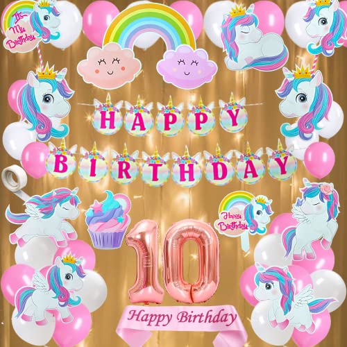 FI - FLICK IN Latex & Paper 51 Pcs Unicorn Theme Birthday Decorations Kit Unicorn Theme 10th Decorations for Girls Tenth Year Birthday (Pack of 51, Pink & White) - Image 1