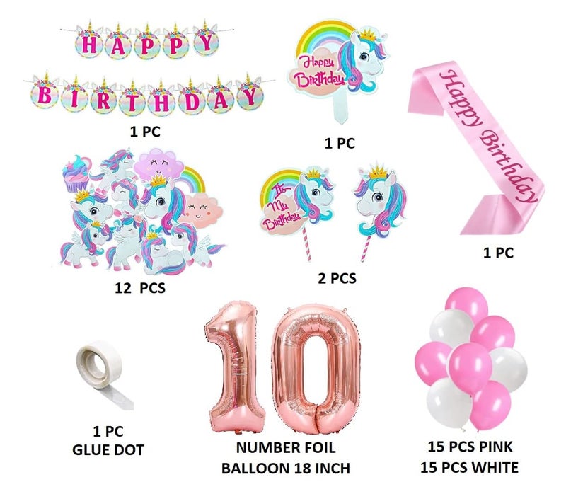 FI - FLICK IN Latex & Paper 51 Pcs Unicorn Theme Birthday Decorations Kit Unicorn Theme 10th Decorations for Girls Tenth Year Birthday (Pack of 51, Pink & White) - Image 2