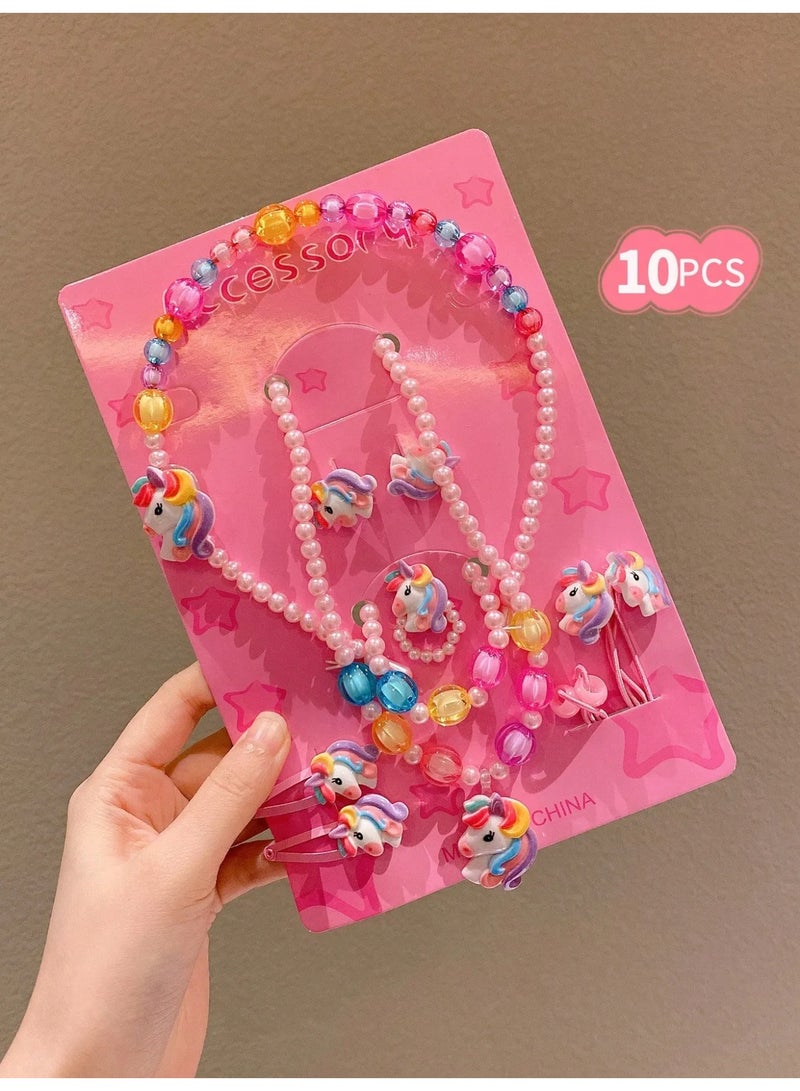 اكسسوارات بنات طقم متكامل مكون من 10 قطع يحتوي على سلسال ، اقراط ، خاتم ، سوار ، طوق شعر مشابك و ربطات شعر بتصميم وحيد القرن باللون الوردي مناسب كهدية عيد ميلاد و المدرسة و للاستخدام اليومي