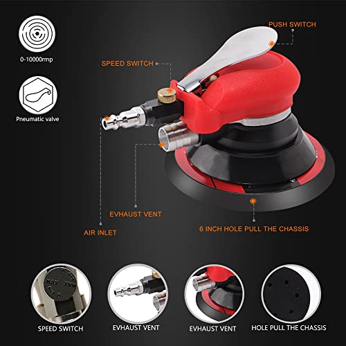 ZFE Random Orbital Sander 5" & 6" Pneumatic Palm Sander with Extra 5" Backing Plate, Sponge Polishing Pads, Sandpapers Low Vibration and Heavy Duty for Wood, Composites, Metal - Image 4