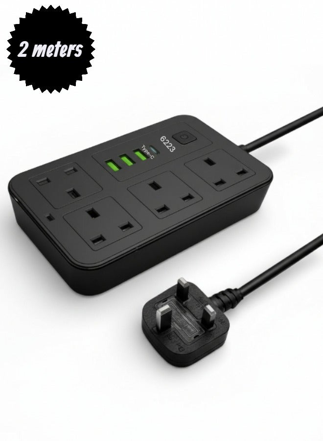توصيلة كهرباء لتمديد الطاقة بقوة 2500 واط (8 في 1) مع 3 منافذ USB، و1 منفذ توصيل طاقة نوع C للشحن السريع فائق السرعة، شحن تلقائي 3.4 امبير، توصيلة كهرباء بقوة 2500 واط، بطول 2 متر، لوحة متعددة المقابس، سلك تمديد شديد التحمل - شحن سريع - Image 1