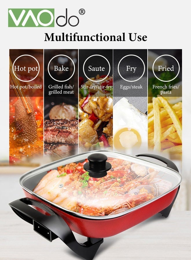 فاو دو مقلاة كهربائية كبيرة السعة سعة 6 لتر، مقلاة سريعة التسخين ومتساوية الحرارة مع غطاء زجاجي مزود بفتحات تهوية، سطح داخلي مقاوم للخدش، مقابض باردة الملمس، قدر كهربائي مربع من سبائك الألومنيوم باللون الأحمر - Image 5