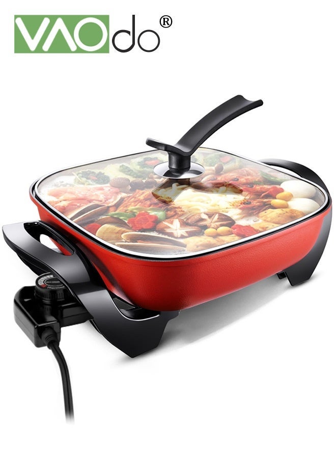 فاو دو مقلاة كهربائية كبيرة السعة سعة 6 لتر، مقلاة سريعة التسخين ومتساوية الحرارة مع غطاء زجاجي مزود بفتحات تهوية، سطح داخلي مقاوم للخدش، مقابض باردة الملمس، قدر كهربائي مربع من سبائك الألومنيوم باللون الأحمر - Image 1