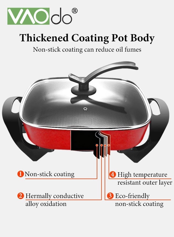 فاو دو مقلاة كهربائية كبيرة السعة سعة 6 لتر، مقلاة سريعة التسخين ومتساوية الحرارة مع غطاء زجاجي مزود بفتحات تهوية، سطح داخلي مقاوم للخدش، مقابض باردة الملمس، قدر كهربائي مربع من سبائك الألومنيوم باللون الأحمر - Image 4