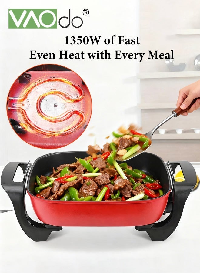 فاو دو مقلاة كهربائية كبيرة السعة سعة 6 لتر، مقلاة سريعة التسخين ومتساوية الحرارة مع غطاء زجاجي مزود بفتحات تهوية، سطح داخلي مقاوم للخدش، مقابض باردة الملمس، قدر كهربائي مربع من سبائك الألومنيوم باللون الأحمر - Image 2