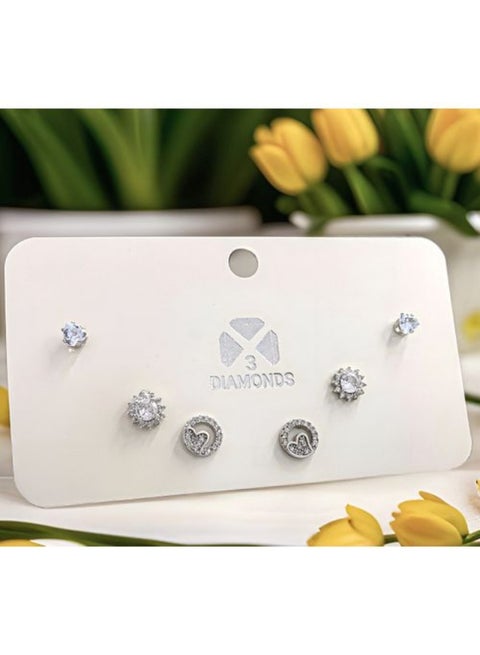 3-Pair Stud Earrings Set, Platinum & Rhodium Plated, Zircon