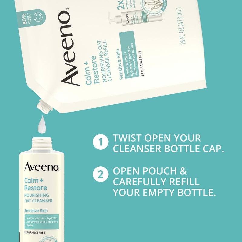 Aveeno Calm + Restore Nourishing Oat Facial Cleanser for Sensitive Skin, Gentle Face Wash with Nourishing Oat & Calming Feverfew, Hypoallergenic, Fragrance-Free, Refill Pouch, 16 fl. oz - Image 3