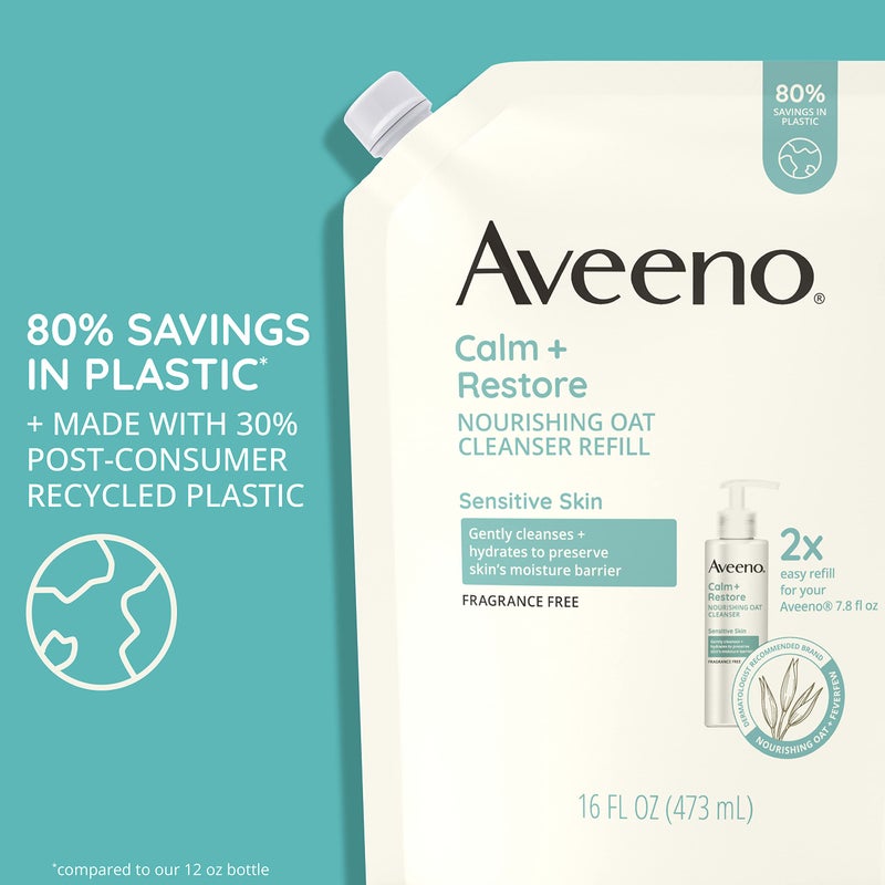 Aveeno Calm + Restore Nourishing Oat Facial Cleanser for Sensitive Skin, Gentle Face Wash with Nourishing Oat & Calming Feverfew, Hypoallergenic, Fragrance-Free, Refill Pouch, 16 fl. oz - Image 2