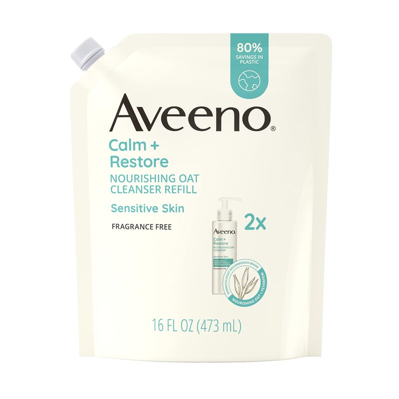 Aveeno Calm + Restore Nourishing Oat Facial Cleanser for Sensitive Skin, Gentle Face Wash with Nourishing Oat & Calming Feverfew, Hypoallergenic, Fragrance-Free, Refill Pouch, 16 fl. oz - Image 1