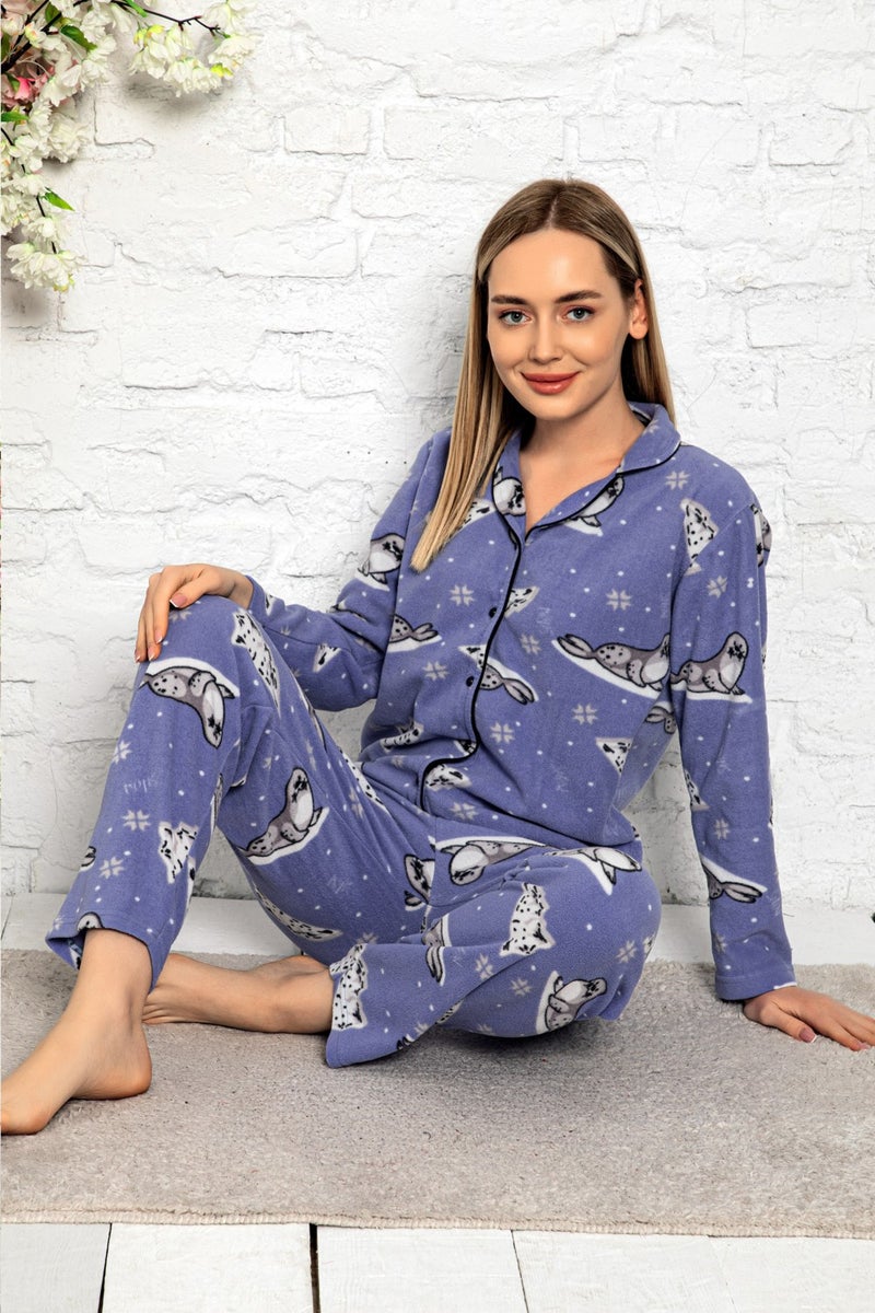 Yeşil Green Women's Winter Welsoft Plush Pearl Fleece Button Pajama Set 'silky Texture'  - Image 2