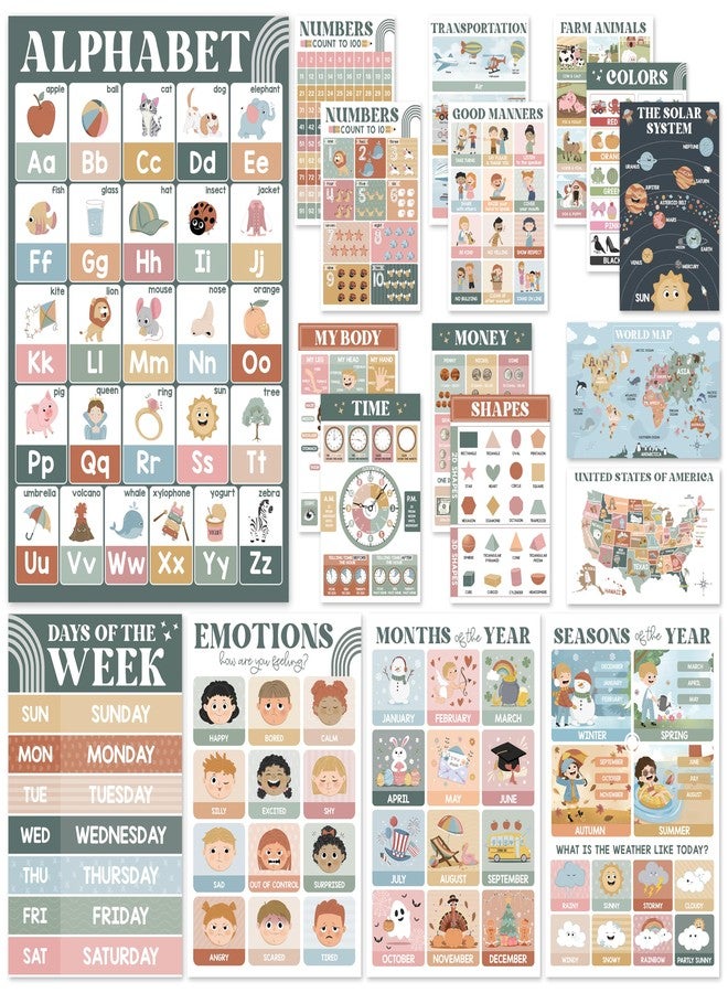BEAWART Educational Posters for Preschoolers - Laminated Pre-K and Kindergarten Learning Poster Charts for Toddlers 1-3-5 - Homeschool and Classroom Decor for Kids' Walls (18 Modern Boho Educational Posters) - Image 1