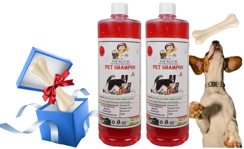 swacch Shampoo | Puppy Safe Shampoo | Pet Shampoo (1 Litre) (Pack of 2) Strawberry + Medium White Bone | Dog Chew Bones | Teething chew Toy | Dental Teething |Combo Pack - Image 1