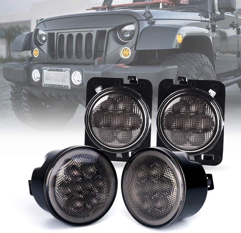 Xprite LED Turn Signal Lights w/White DRL Halo, Smoked Lens Fender Side Marker Lights Indicator Lamp Compatible with 2007-2018 Jeep Wrangler JK & Wrangler Unlimited - Image 1