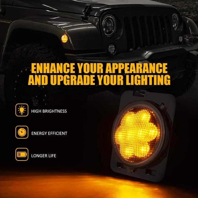 Xprite LED Turn Signal Lights w/White DRL Halo, Smoked Lens Fender Side Marker Lights Indicator Lamp Compatible with 2007-2018 Jeep Wrangler JK & Wrangler Unlimited - Image 2
