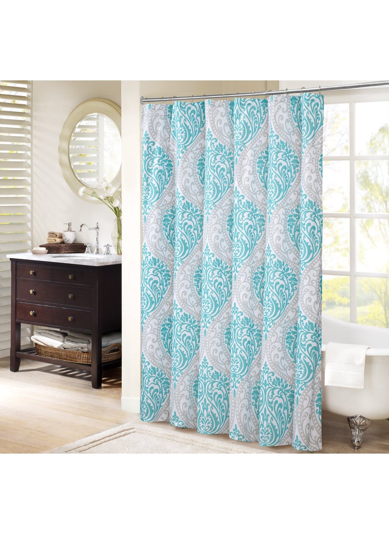 Comfort Spaces Comfort Spaces Coco Bathroom Shower Curtain Printed Damask Pattern Modern Cute Microfiber Fabric Bath Curtains 72x72 Teal  Grey 